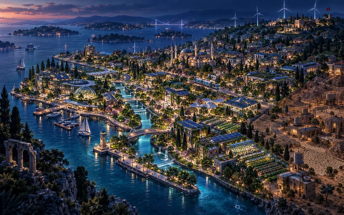 Güneş enerjisi, yeşil alanlar ve temiz su yollarıyla temsili iklim stratejisi oyun şehri