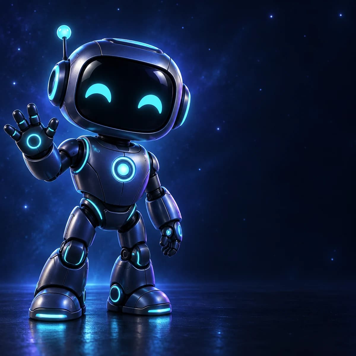 Turkuaz ışıklı, el sallayan sevimli GameUP robotu